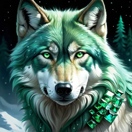 Prompt: blue and green wolf with emerald gems around it green  gems around) northern lights in the sky detailed hyper realistic the green and blue wolf is fluffy and fierce(lots of green like emerald gems in the sky around the wolf but you can still see the wolf don't cover the wolf with gems