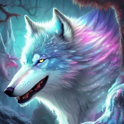 Prompt: Magical ice wolf, digital painting, vibrant and fiery colors, mystical forest setting, intense and powerful gaze, translucent fiery fur, mystical, high quality, detailed, fantasy, ethereal, fiery, magical, vibrant colors, mystical forest, intense gaze, digital painting, powerful, translucent fur, professional, atmospheric lighting