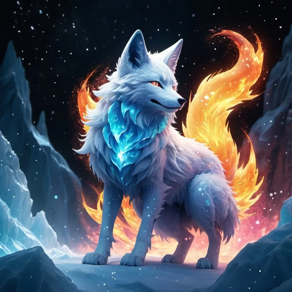 Prompt: Colorful translucent kyūbi no kitsune, glowing, nebula, glitter, den beneath the stars, bioluminescent, best quality, highres, concept art shattered ice fire in the ski worior
