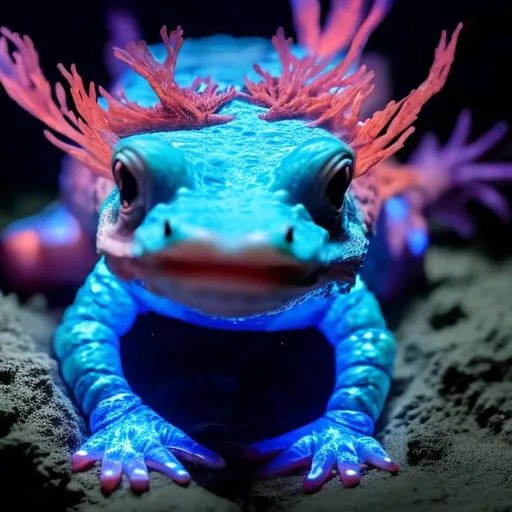 Prompt: a glowing blue axolotl