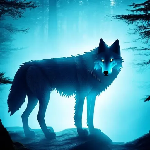 Prompt: a wolf made of light blue water in the forest