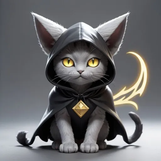 Prompt: silver cat with a black cloak black hood over its head its cat ears are pokeing out of the hood and you can see its glowing gold eyes dragon wings on the gray cat
