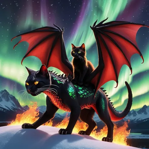Prompt: black and red cat riding a orange and yellow fire dragon with some ice and northern lights detailed hyper realistic the black and red cat and the dragon are in the sky the fire dragon has wings and a dragon tail make sure it has two dragon wings and one tail the black and red cat is riding the dragon there should be no blue green or purple. northern lights in the sky
