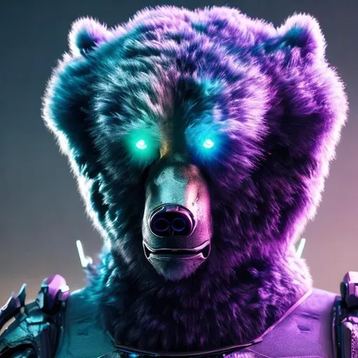 Prompt: Sci-fi 3-headed man-bear with purple and light blue accents, ultra-detailed fur, futuristic setting, otherworldly glow, high-quality 3D rendering, sci-fi, futuristic, detailed fur, triple heads, purple and lime accents, otherworldly glow, highres, 3D rendering
