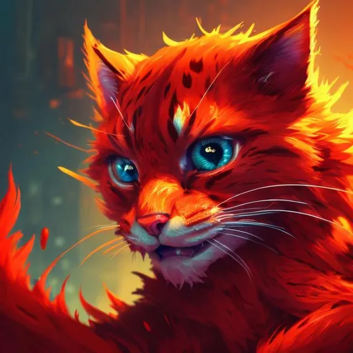Prompt: Detailed digital painting of a playful red cat, vibrant and energetic, high-res, ultra-detailed, digital painting, video game theme, intense focus, vibrant red fur, game controller in paws, futuristic gaming setup, colorful lighting, professional, atmospheric lighting