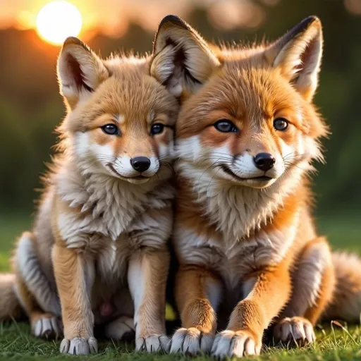 Prompt: (cute wolf cub) siting beside (cute sleepy fox cub) detailed hyper realistic sun set in background they are on the grass beautiful (cute) (cute) the wolf looks like a wolf the fox looks like a fox


                       CUTE!!!!!!!!!!