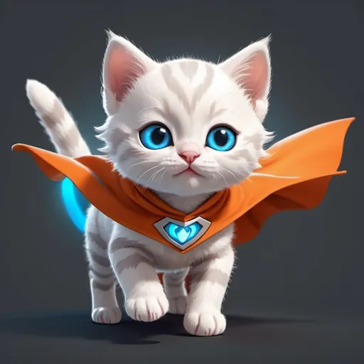 Prompt: white kitten with gray stripes orange cape with glowing blue eyes body floating cartoon