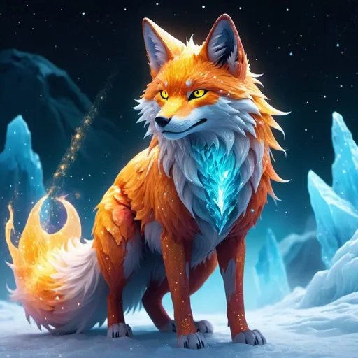 Prompt: Colorful translucent kyūbi no kitsune, glowing, nebula, glitter, den beneath the stars, bioluminescent, best quality, highres, concept art shattered ice fire in the ski worior
