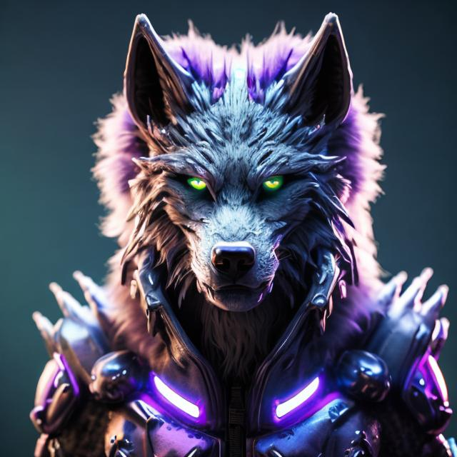 Prompt: Sci-fi 3-headed man-wolf with purple and light blue accents, ultra-detailed fur, futuristic setting, otherworldly glow, high-quality 3D rendering, sci-fi, futuristic, detailed fur, triple heads, purple and lime accents, otherworldly glow, highres, 3D rendering