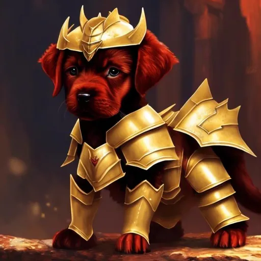 Prompt: red warrior puppy in gold armor anime