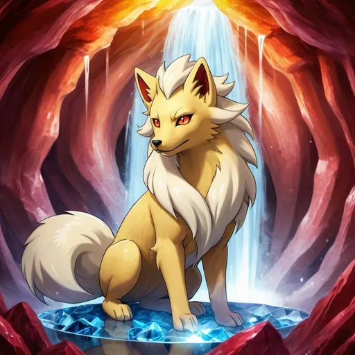 Prompt: portrait of a beautiful Ninetales, with glistening gold fur and deep crimson eyes, in a crystal cave with a crystal waterfall in the background, gorgeous, warm, stunning, pokemon Ninetales,fire fox realy detailed
