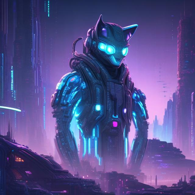 Prompt: Sci-fi man-cat in futuristic setting, detailed futuristic design, high-tech, glowing accents, purple and light blue color scheme, professional 3D rendering, cool tones, intense gaze, cyberpunk environment, advanced technology, best quality, highres, ultra-detailed, sci-fi, futuristic, detailed design, professional, cool tones, cyberpunk, atmospheric lighting