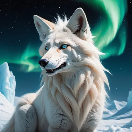 Prompt: {alolan Ninetales}, growling, fox, maned wolf, kitsune, ice element, detailed artwork, portrait, glistening ice blue fur, 8k, detailed background, auroras, brilliant night sky, mischievous, thick billowing mane, hyper realism, realistic, hyper realistic       with the northern lights in the sky no orang some blue mixed in with the white fur
