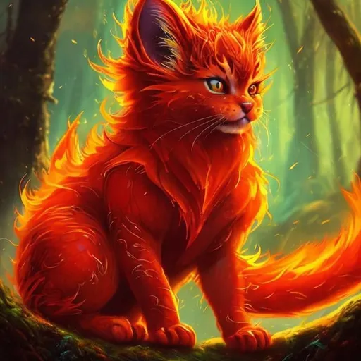 Prompt: Magical fire kitten, digital painting, vibrant and fiery colors, mystical forest setting, intense and powerful gaze, translucent fiery fur, mystical, high quality, detailed, fantasy, ethereal, fiery, magical, vibrant colors, mystical forest, intense gaze, digital painting, powerful, translucent fur, professional, atmospheric lighting
