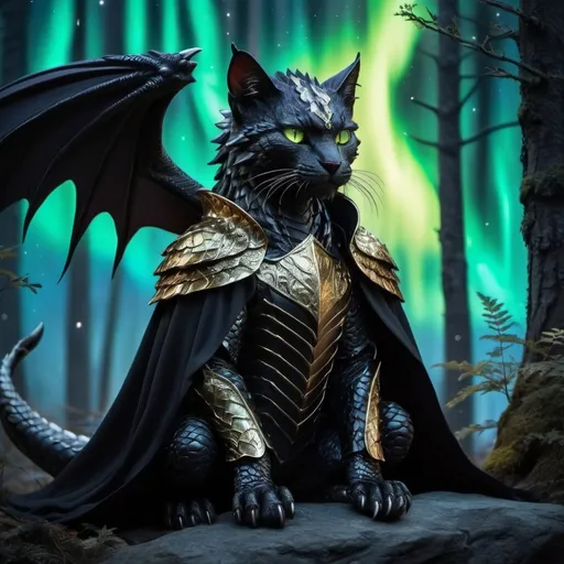 Prompt: wild cat dragon waring black armor and has scales warrior siting in hyper realistic fantasy forest future seen with northern lights above the wild cat waring a cloak warrior the wild cat dragon has two dragon wings cute detailed glowing gold eyes
