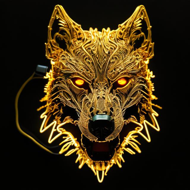 Prompt: Bright gold sci-fi wolf head, metallic sheen, futuristic neon glow, intricate mechanical details, high quality, ultra-detailed, sci-fi, cyberpunk, gold tones, futuristic, neon lighting