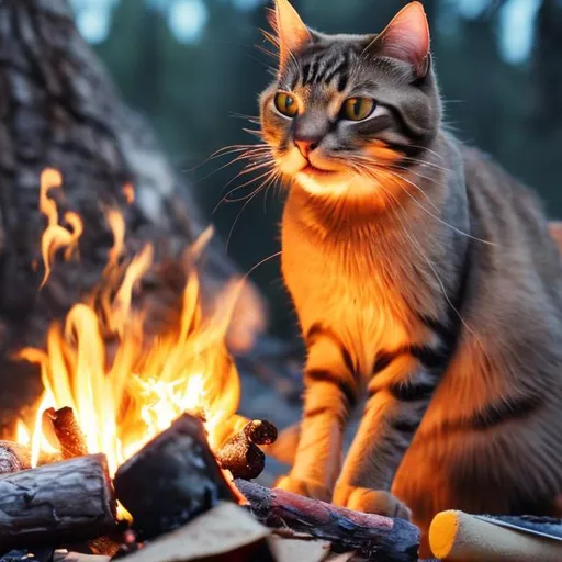 Prompt: a cat siting at a camp fire eating a marshmallow lots of detail