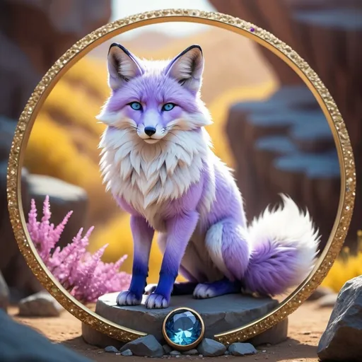 Prompt: (best quality:1.4), (masterpiece:1.4), ((Calarts style)), fluffy lilac Fox, Fox, 9 tailed fox, jewelry with precious stones, dazzling crystal blue eyes, lush canyon, standing on a magic circle, vibrant colors, concept art style, high quality, extreme detail, blur, depth of field, and blurred foreground, glitch-free, UHD, trending, professional shading, golden ratio, complementary colors 
