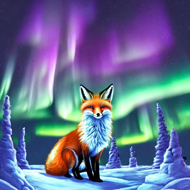 Prompt: a fox and its cubes washing the northern lights lots of detail