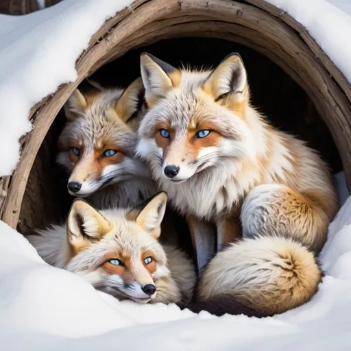 Prompt: white blue and purple fox pack with some foxes sleeping in a fox den' on snow fluffy detailed hyper realistic the foxes have light blue and green eyes bright glow in the lighting