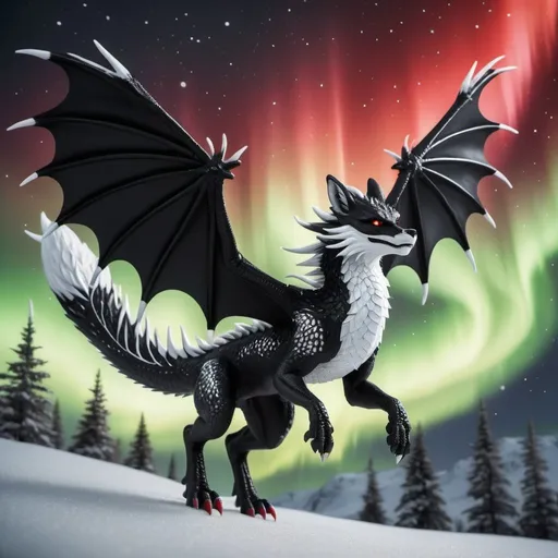 Prompt: black and white dragon fox with black two wings with a accent of white and one black tail with red spikes the dragon fox is flying in the sky with the northern lights in the sky too  hyper realistic good lighting