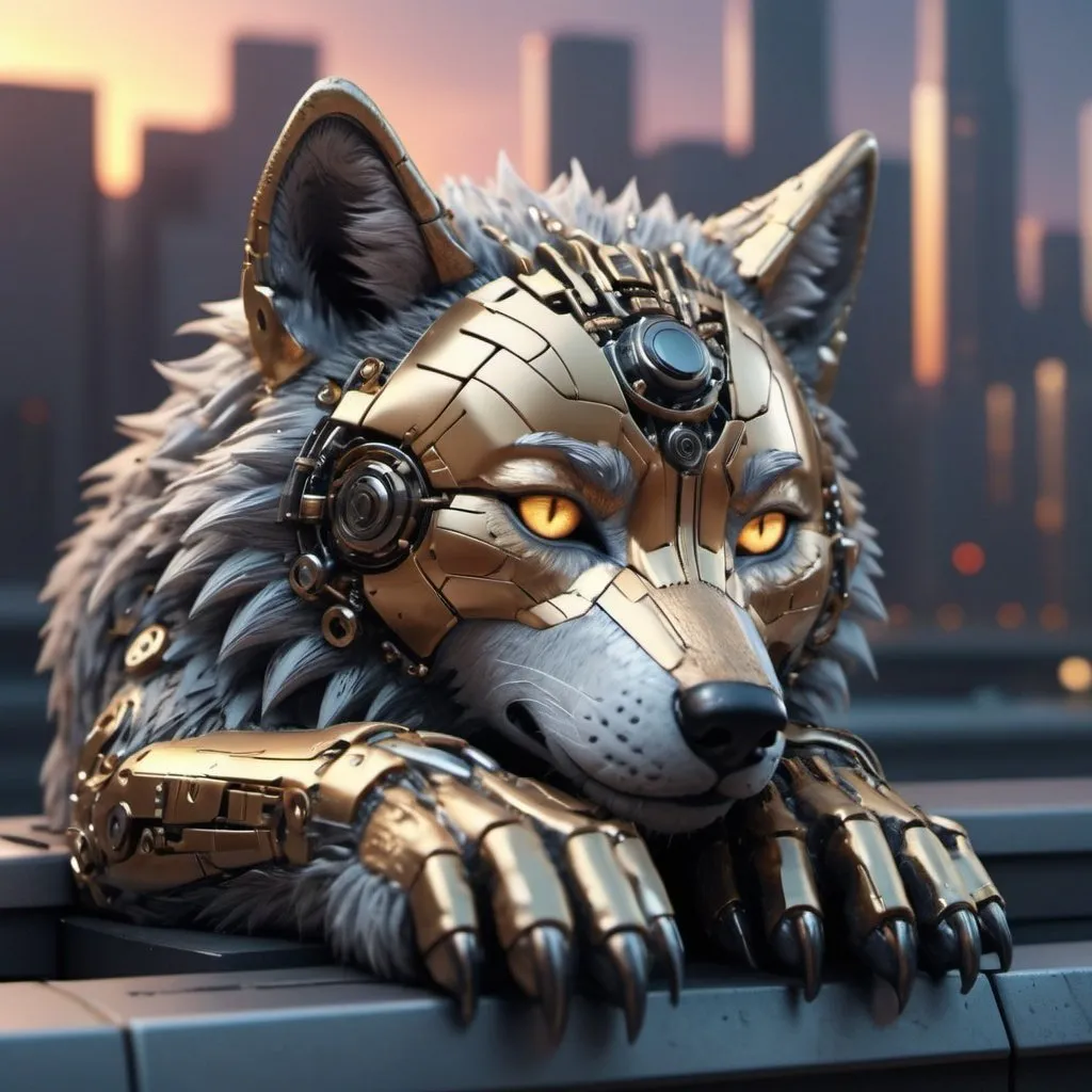 Prompt: Highly detailed wolf punk scene cub sleeping, hyper-realistic 4K rendering, volumetric lighting, HD quality, futuristic cityscape backdrop, mechanical feline with intricate joints and circuit patterns, cool-toned futuristic atmosphere, detailed fur with lifelike textures, cyberpunk aesthetic, ultra-detailed, volumetric lighting, professional rendering, HD, 4K gold eyes sleeping fluffy and sun set in the sky