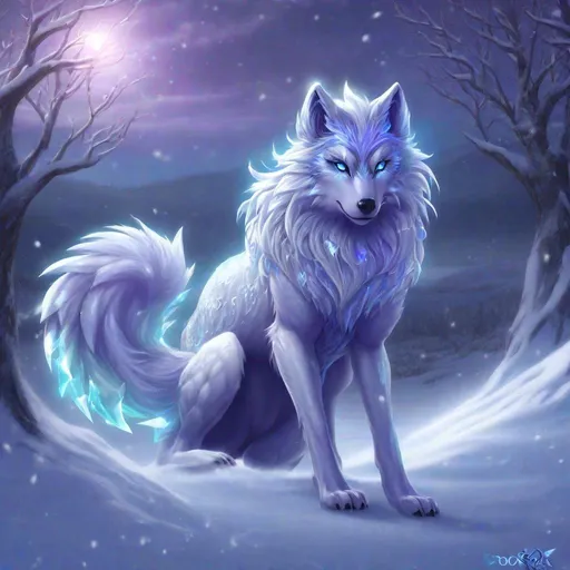 Prompt: ice elemental male wolf, feral vixen, kitsune, nine-tailed wolf, snowy lilac fur, bright rainbow purple aurora eyes, periwinkle purple ears, frost, falling snow, shattered ice, soft moonlight,stunning youthful vixen, gazing at viewer, gorgeous, muscular forelegs, flowing aurora hair, athletic, agile, small but absurdly powerful, enchanting, timid
