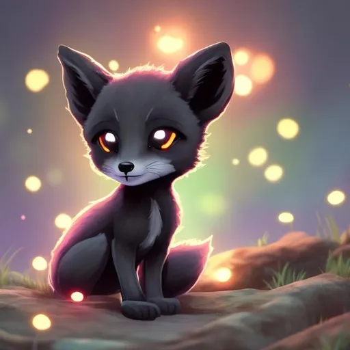Prompt: a glowing black baby fox anime