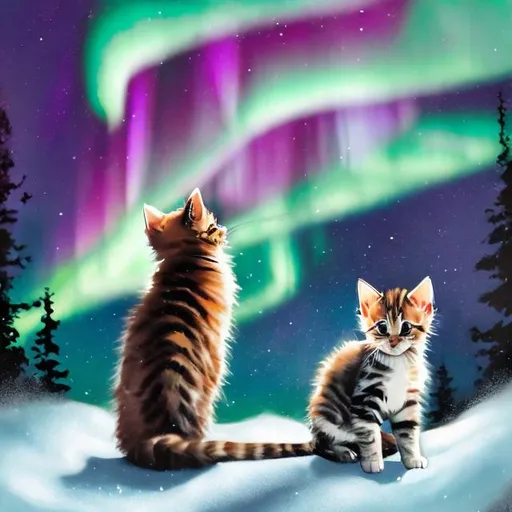 Prompt: two kitten washing the northern lights in the and its snowing lots of detail