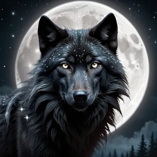 Prompt: Black wolf hallowing at the moon. with glowing white stars, mystical fantasy theme, highres, detailed fur, atmospheric lighting, fantasy, mystical, detailed eyes, sleek design, professional, glowing stars, cool tones, detailed fur, atmospheric lighting