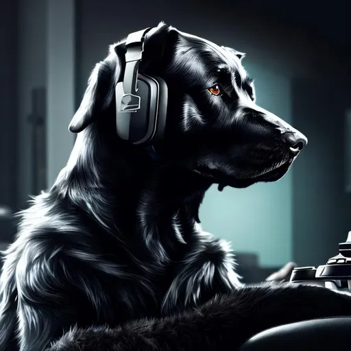 Prompt: Detailed, realistic illustration of a black dog playing video games, high-quality rendering, detailed fur with rich textures, intense and focused gaze, modern gaming setup, professional digital art, highres, ultra-detailed, realistic, detailed fur, intense gaze, modern gaming setup, professional, atmospheric lighting