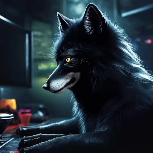 Prompt: Detailed, realistic digital painting of a black fox playing video games, intricate fur with subtle highlights, intense and focused gaze, high-tech gaming setup, cozy and dimly lit room, high resolution, realistic, detailed fur, focused expression, digital painting, cozy lighting, gaming setup, professional, realistic lighting