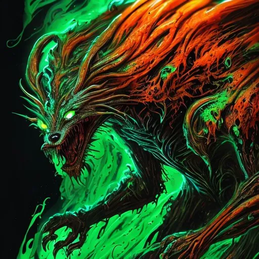 Prompt: Alien wolf engulfed in swirling slime, vibrant green and fiery orange, highres, detailed fur with otherworldly reflections, intense and primal gaze, sci-fi, surreal, alien, detailed eyes, sleek design, professional, atmospheric lighting