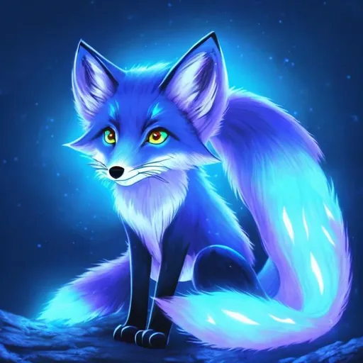 Prompt: a glowing blue fox anime