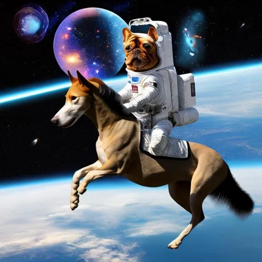 Prompt: a dog riding a horse in space