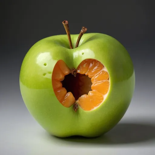 Prompt:  a single strange fruit with the inside resembling an orange  and the outside skin of a smooth green apple
