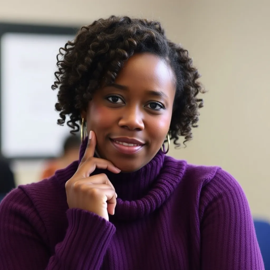 Prompt: a woman with curly hair and a purple sweater is posing for a picture with her hand on her chin, Chinwe Chukwuogo-Roy, barbizon school, f / 3 2, a picture