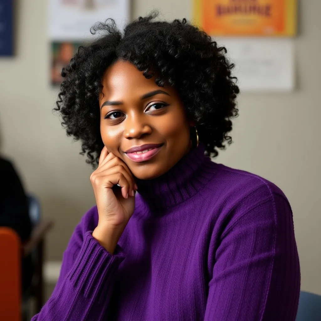 Prompt: a woman with curly hair and a purple sweater is posing for a picture with her hand on her chin, Chinwe Chukwuogo-Roy, barbizon school, f / 3 2, a picture