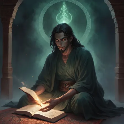 Prompt: I want a horror story of a young man who did not believe in the existence of the world of jinn and magic, and dealing with them until one day he was discussing with an elderly man who told him to wait a minute, and he went to bring a book and gave it to a young man, and after reading it, he summoned a jinn without intending to and entered the world of jinn and magic through its widest doors, and his journey begins from a young man who does not believe in jinn and magic until he becomes the greatest magician and controller of jinn