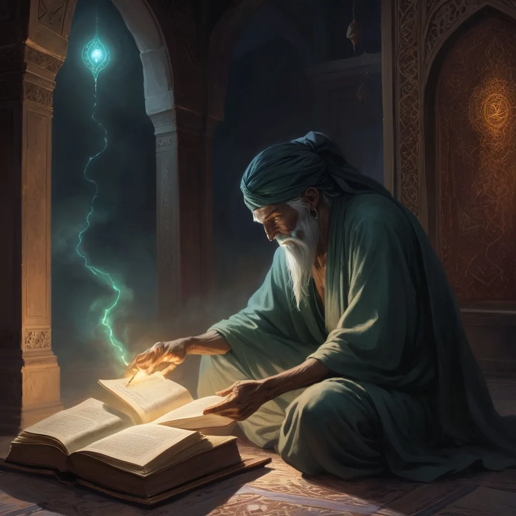 Prompt: I want a horror story of a young man who did not believe in the existence of the world of jinn and magic, and dealing with them until one day he was discussing with an elderly man who told him to wait a minute, and he went to bring a book and gave it to a young man, and after reading it, he summoned a jinn without intending to and entered the world of jinn and magic through its widest doors, and his journey begins from a young man who does not believe in jinn and magic until he becomes the greatest magician and controller of jinn