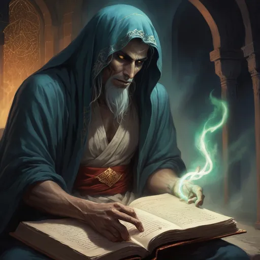 Prompt: I want a horror story of a young man who did not believe in the existence of the world of jinn and magic, and dealing with them until one day he was discussing with an elderly man who told him to wait a minute, and he went to bring a book and gave it to a young man, and after reading it, he summoned a jinn without intending to and entered the world of jinn and magic through its widest doors, and his journey begins from a young man who does not believe in jinn and magic until he becomes the greatest magician and controller of jinn