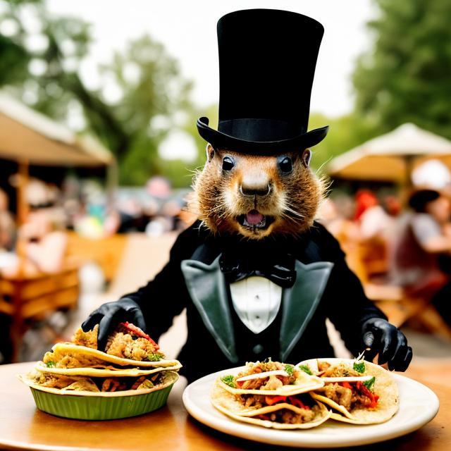 Prompt: Groundhog wearing a top hat and eating tacos