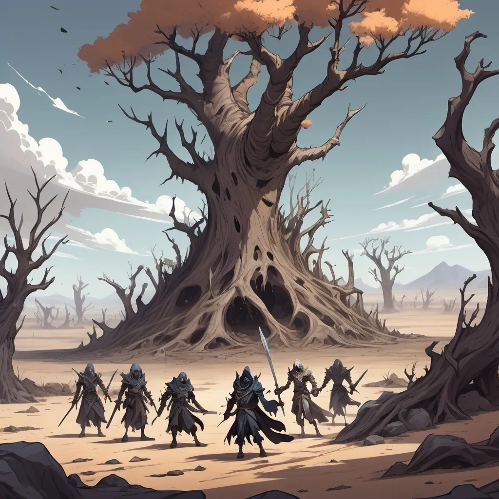 Prompt: Create a group of D&D adventurers in an anime style that are fighting an undead lich. The landscape is barren and desolate, dead sparse trees dot the land, the ground is dry and cracked. 