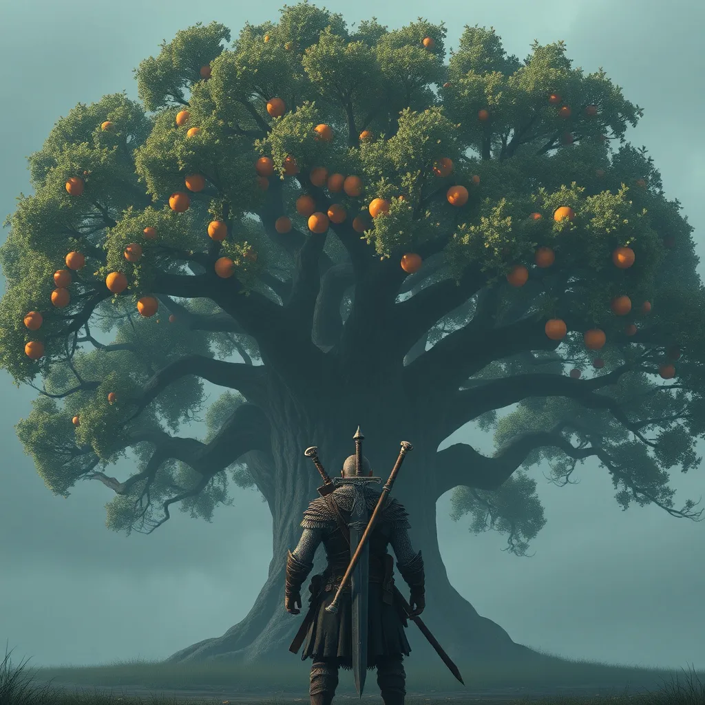 Prompt: please create a large tree with light as its fruit with a video game style viking warrior facing the tree standing in fron of it and a huge viking sword on his back.