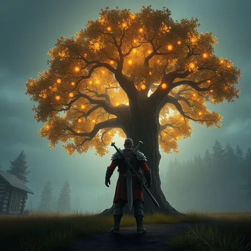 Prompt: please create a large tree with light as its fruit with a video game style viking warrior facing the tree standing in fron of it and a huge viking sword on his back.