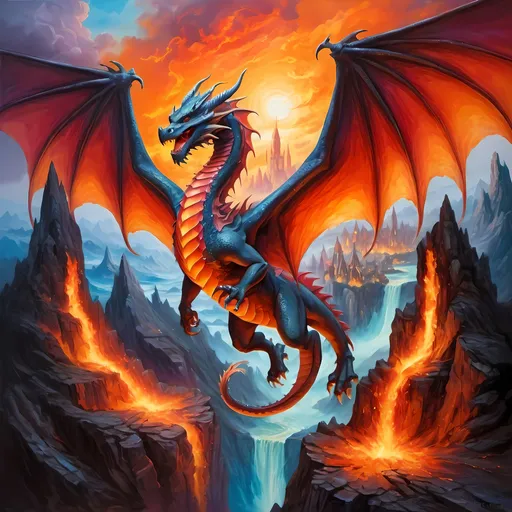 Prompt: Dragon soaring over a fantasy world, oil painting, detailed scales and fiery breath, epic fantasy, high quality, vibrant colors, dramatic lighting