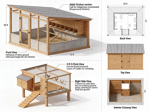 Prompt: **“Create a detailed multi-view 3D rendering of a low-cost rural chicken coop for indigenous crossbreed (dual-purpose) chickens. The coop is built on a 26 ft by 10 ft rectangular area using treated timber framing.

Show the following views clearly and separately in one image set or panel layout: front view, back view, left side view, right side view, top view (roof and floor layout), and interior cutaway view.

The adult chicken section is raised 2 ft above ground level with an internal height of 6 ft and accommodates 60–70 adult crossbreed chickens. It includes nesting boxes along one wall, strong wooden perches at 2–2.5 ft height, feeders and waterers, cement board (simbord) on the lower 3 ft of the walls, and wire mesh above for maximum ventilation.

The chick section measures 5 ft by 5 ft, elevated 2 ft above ground, with an internal height of 3 ft. It has a solid wooden floor, fine wire mesh ventilation, optional plastic sheeting for warmth, and a wooden ramp connecting to the ground.

The roof is a single-slope corrugated iron sheet roof extending at least 1 ft beyond the walls for rain protection. Include secure doors with latches, predator-proof wire mesh, and a simple rural farm style.

Use realistic wood textures, visible wire mesh, iron sheet roofing, accurate proportions in feet, natural daylight, clean farm surroundings, and clear labeling of each view. High detail, realistic shadows, and professional architectural presentation.”**
Architectural multi-view illustration, clean white background, orthographic projections and 3D perspective, labeled views (front view, back view, side view, top view, interior cutaway), technical but realistic style, high clarity, no text clutter.”