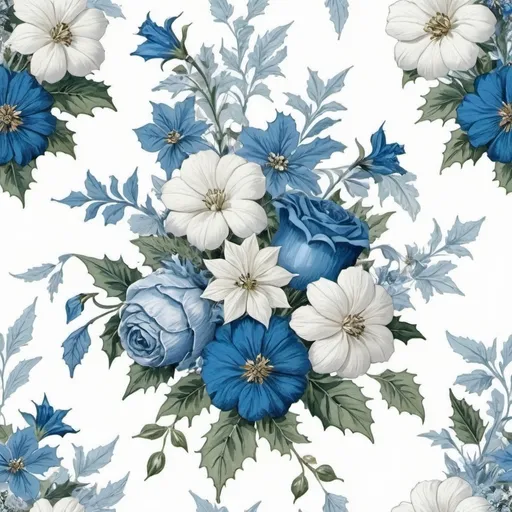 Prompt: victorian christmas flowers in blues and whites on a white background
