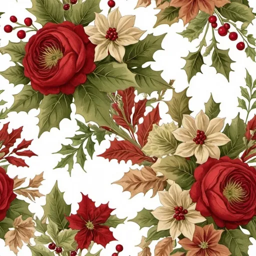 Prompt: victorian christmas flowers in reds, tans and greens on a white background
