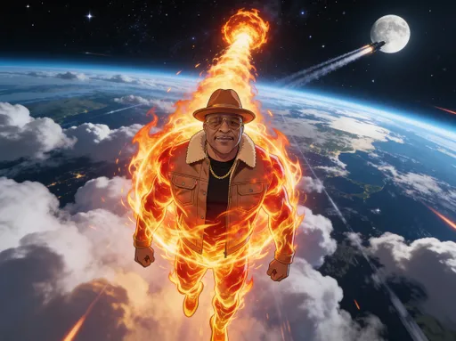 Prompt: @p8Ct2KuHZhW1qVqBRGI7 Create a cinematic animated video featuring a character based on my uploaded image. The character stands confidently as flames begin to form around his body. The fire intensifies, wrapping him completely until he transforms into a blazing ball of fire. The flames pulse with power and motion, glowing orange, red, and gold. The fireball then launches upward into the night sky, leaving a fiery trail behind. The camera follows as he flies through clouds and atmosphere, accelerating toward space. The Earth fades below, stars appear, and the character streaks past the atmosphere and flies directly toward the moon. The scene feels epic, powerful, and symbolic of transformation, strength, and ascension. Cinematic lighting, smooth animation, dramatic motion, high contrast, and a heroic tone.